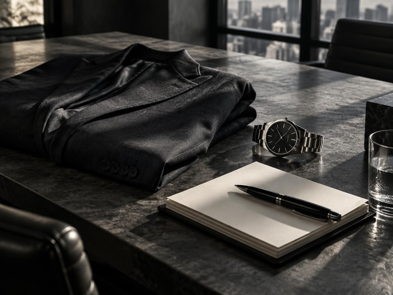 Tailored jacket and field notebook on a boardroom table